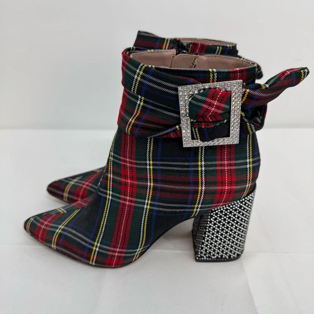 Betsey Johnson 7M Millburn Plaid Booties Ankle Boots Buckle Rhinestones